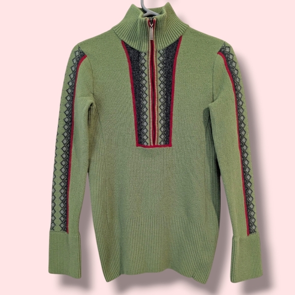 Eddie Bauer Green Geometric Printed 100% Merino Wool High Neck Half Zip Sweater - Picture 1 of 8